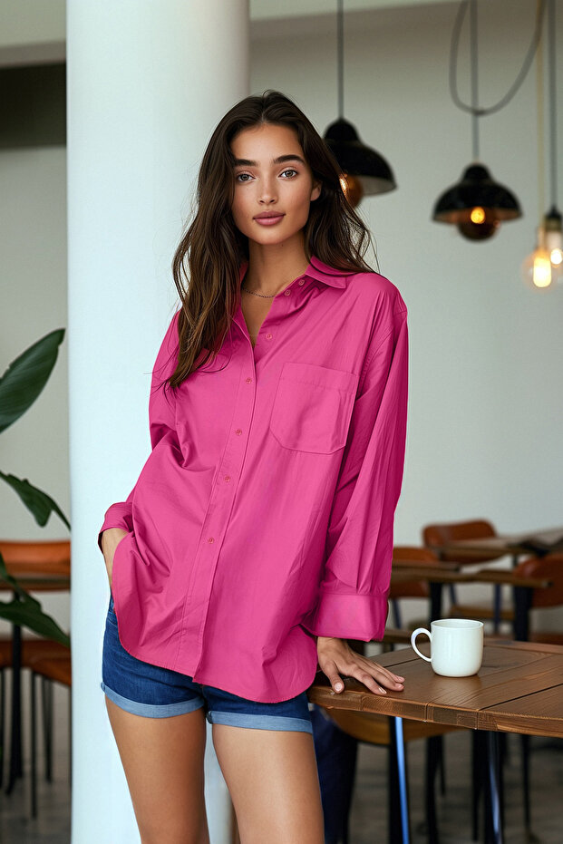 Fuchsia Single Pocketed Boyfriend/Loose Fit Cotton Woven Shirt TWOAW20GO0115
