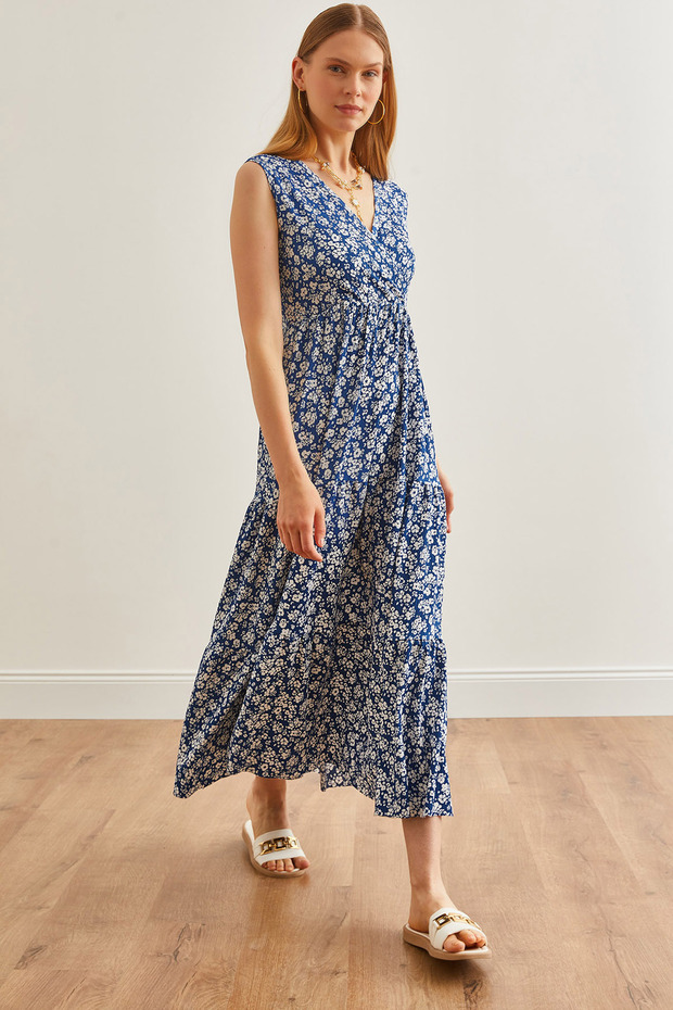 Women's Daisy Indigo Double Breasted Collar Patterned Maxi Knitted Dress Elb-19002125