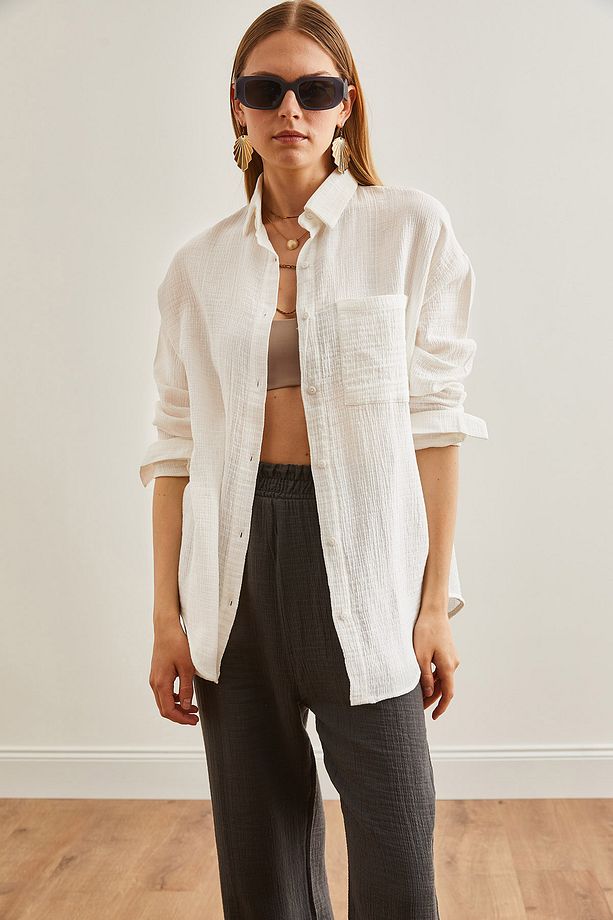 Kadın Ekru Oversize Basic Müslin Gömlek GML-19001217 - 2