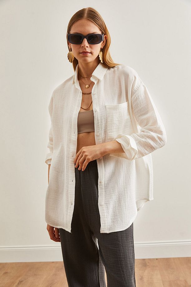 Kadın Ekru Oversize Basic Müslin Gömlek GML-19001217 - 3