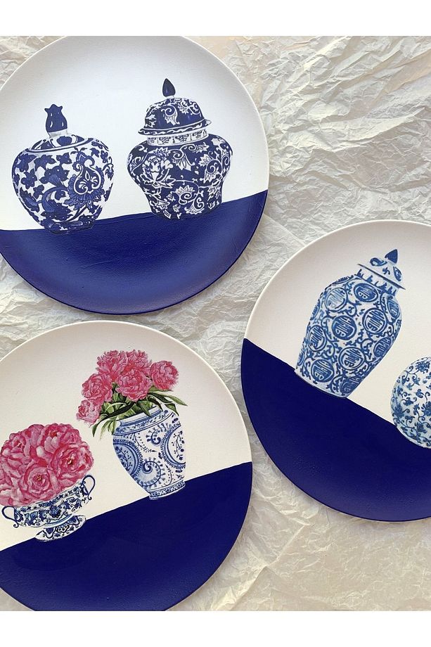 Blue Blanc Çini Vazo Desenli Duvar Tabağı Dekoratif Bahçe Balkon Mutfak Salon Duvar Süsü No:140 - 6