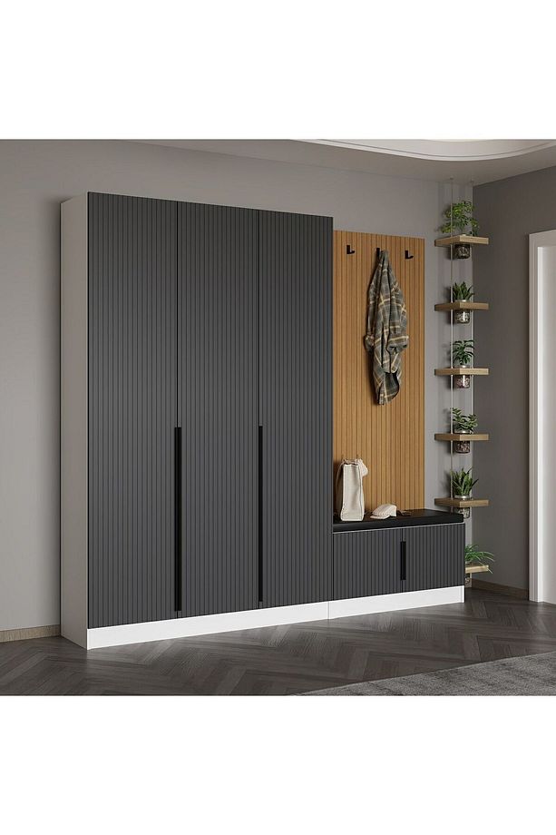 Kale Dekor Panel 3 Kpk 1 Bölme Raf Port + Ayakkabılık Minderli Byz Mbrn Çizgili Antr - 2