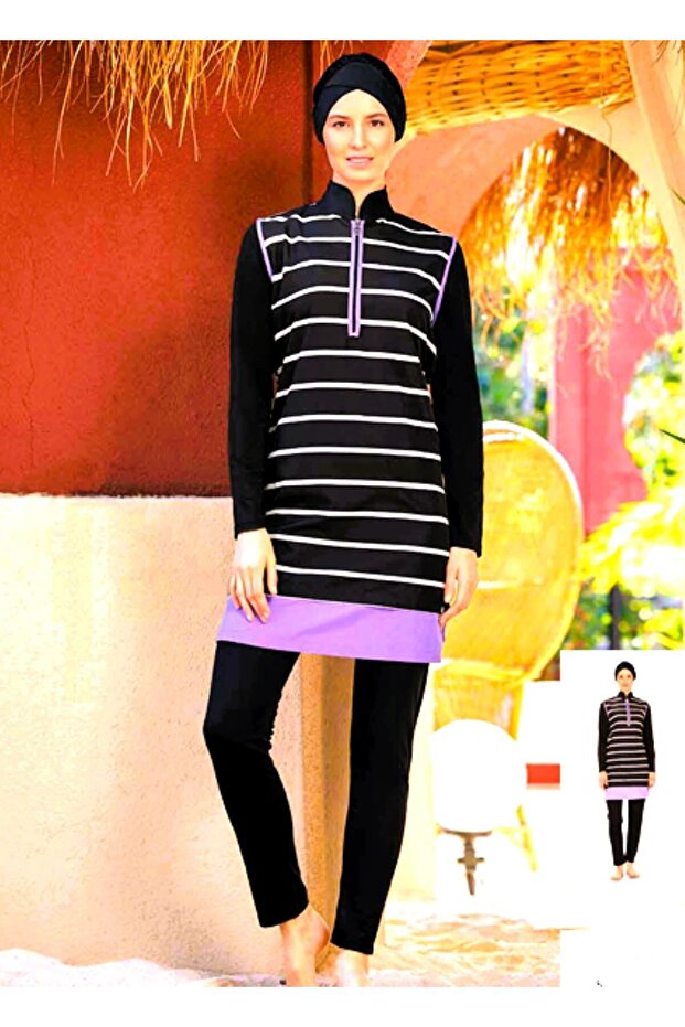 Rozamay Black Hijab Swimsuit - Half Zipper and Full Covered