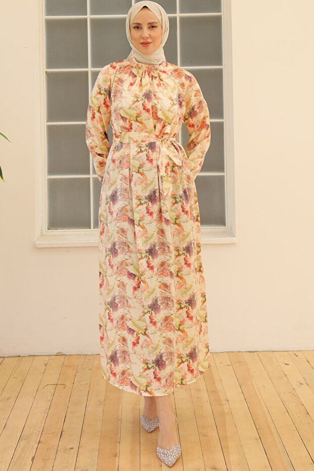 فستان موديل 3993 منقوش باللون البيج - 1