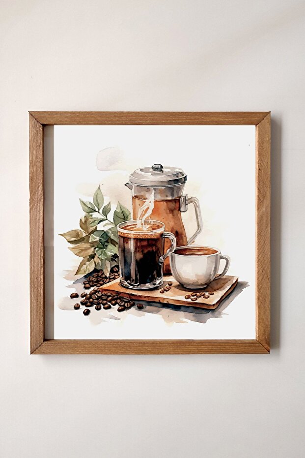 Wooden Framed, Watercolor Effect Coffee Presentation, Hot Coffee, Turkish Coffee