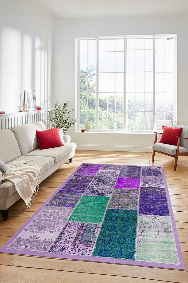 Dijital Kaymaz Taban Yıkanabilir Patchwork Desen Yolluk Mutfak Salon Halısı, PATCHWORK-01-MOR, - 4