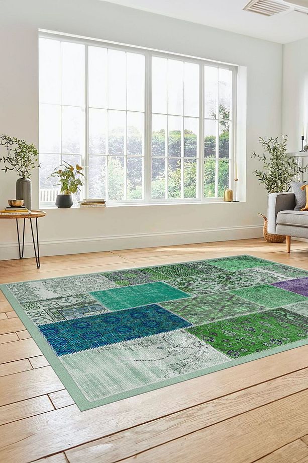 Dijital Kaymaz Taban Yıkanabilir Patchwork Desen Yolluk Mutfak Salon Halısı, PATCHWORK-01-YEŞİL, - 7
