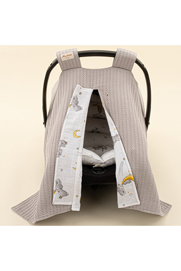 Muslin Reversible Stroller Cover and Cushion - Dark Grey Knit - Grey Rabbit