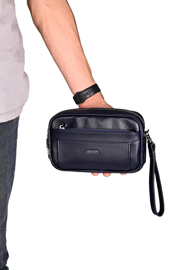 4288 حقيبة يد من الجلد الطبيعي قابلة للقفل باللون الأزرق الداكن