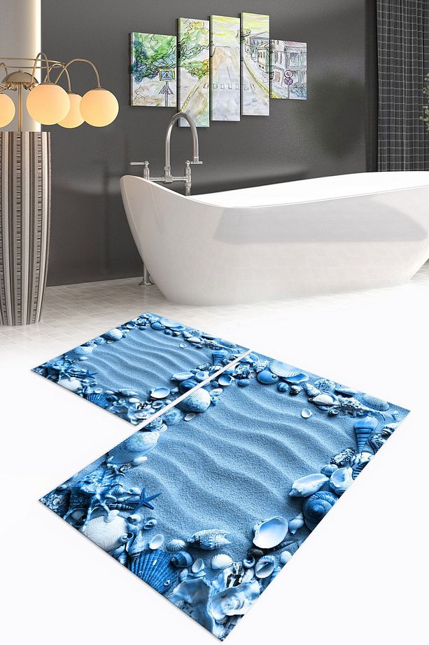 3D Dijital Baskılı Kaymaz Taban Yıkanabilir İkili Banyo Takımı Klozet Takımı, N-KLOZET-47-MAVİ, - 3