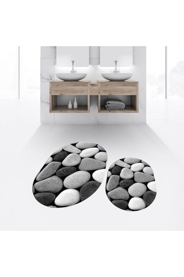 Digital Printed Non-Slip Base Washable Oval Double Bathroom Mat Toilet Seat Set, V-O-KLOZET-46-GRAY,