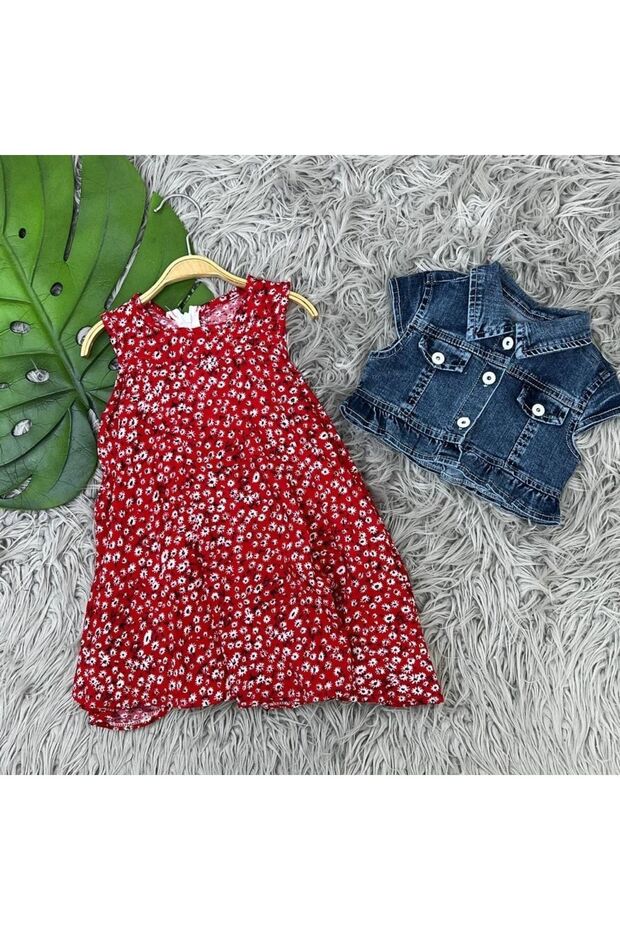 Denim Vest Floral Patterned Girl's Dress