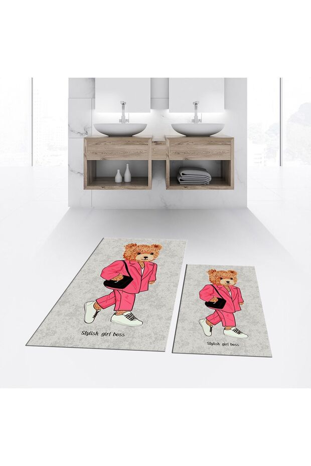 Digital Printed Non-Slip Base Washable Double Bathroom Mat Toilet Seat Set, V-TOILET-34-GRAY,