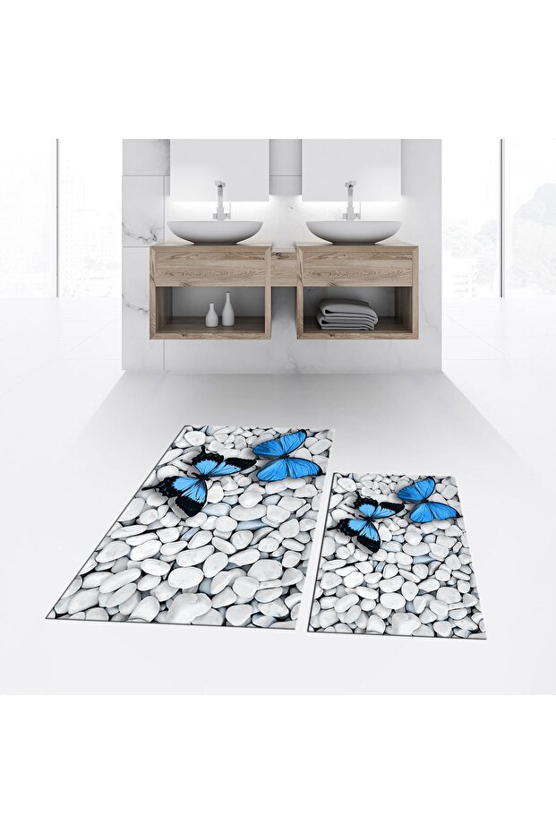 Digital Printed Non-Slip Base Washable Double Bathroom Mat Toilet Seat Set, V-TOILET-45-BLUE,