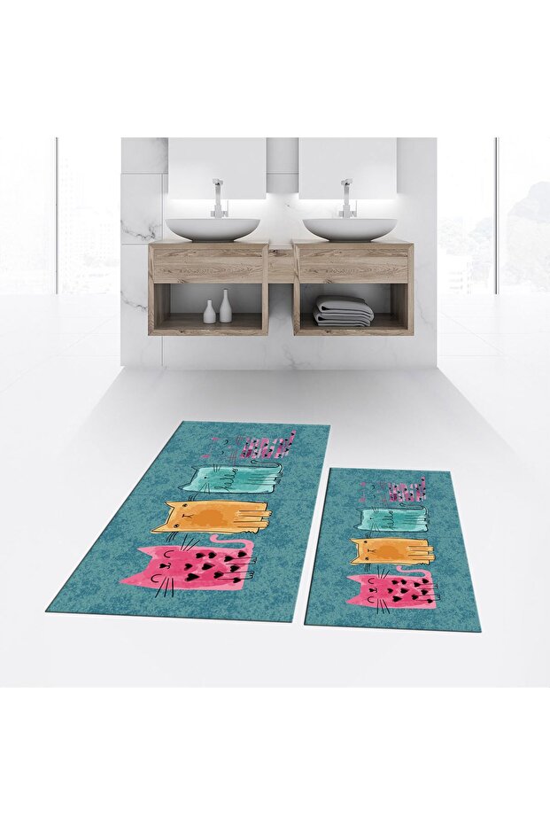 Digital Printed Non-Slip Base Washable Double Bathroom Mat Toilet Set, V-KLOZET-41-BLUE,