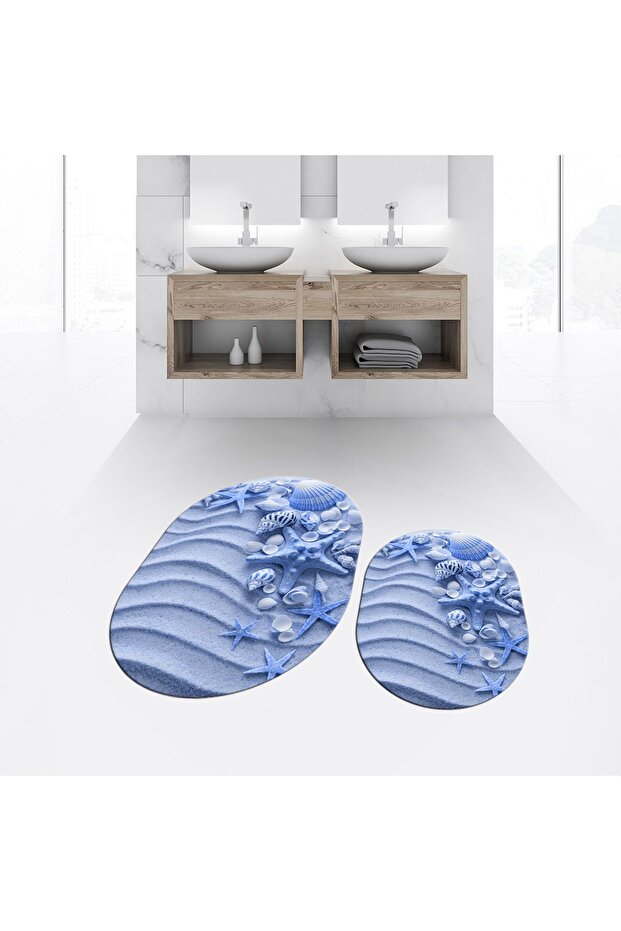 Digital Printed Non-Slip Base Washable Oval Double Bathroom Mat Toilet Seat Set, V-O-KLOZET-48-BLUE,