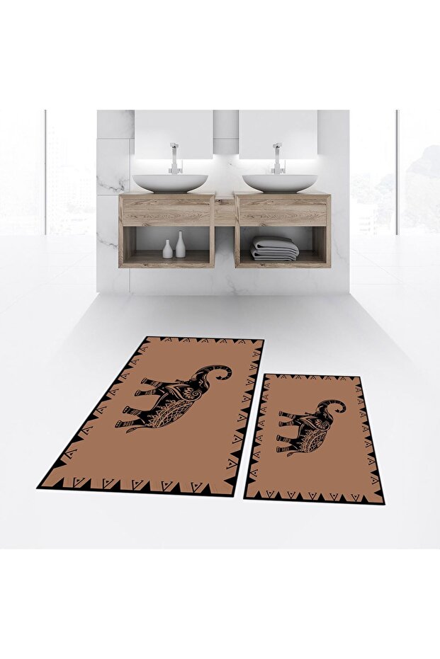 Digital Printed Non-Slip Base Washable Double Bathroom Mat Toilet Seat, V-KLOZET-32-BROWN,