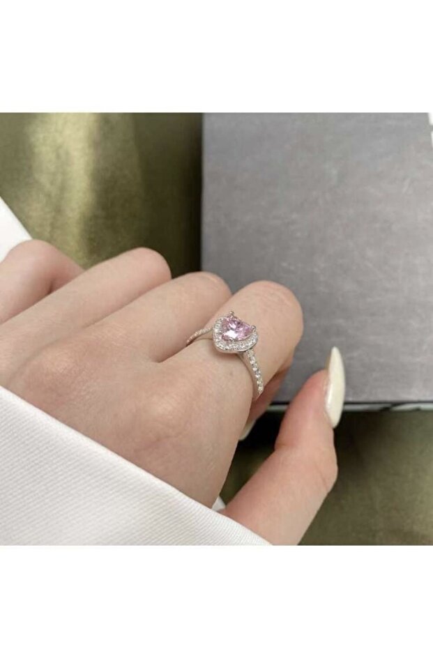 خاتم نموذج سوليتير فضي على شكل قلب وردي - 2