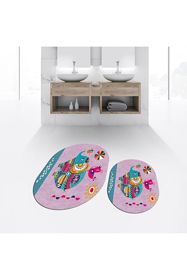 Digital Printed Non-Slip Base Washable Oval Double Bath Mat Toilet Seat Set, V-O-KLOZET-31-PINK,