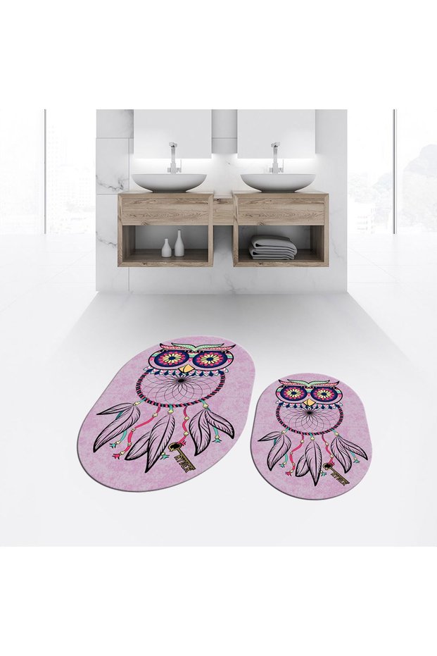 Digital Printed Non-Slip Base Washable Oval Double Bathroom Mat Toilet Seat Set, V-O-KLOZET-35-PINK,