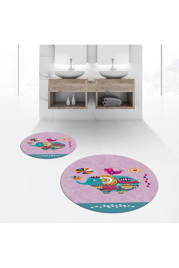 Digital Printed Non-Slip Washable Round Double Bathroom Mat Toilet Set, V-Y-KLOZET-31-PINK,
