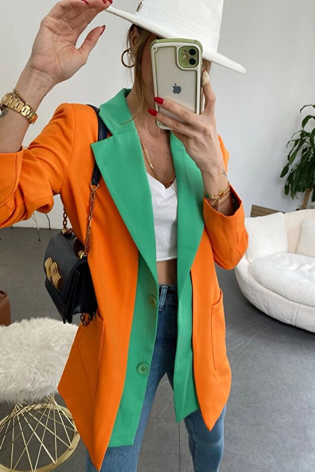 Turuncu Yeşil Tasarım Blazer Ceket - 2