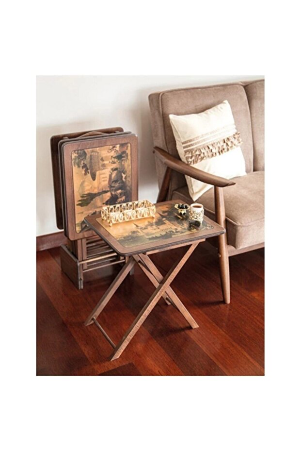 Çanta Zigon Sehpa Resimli Desenli 4`lü Ceviz - 2