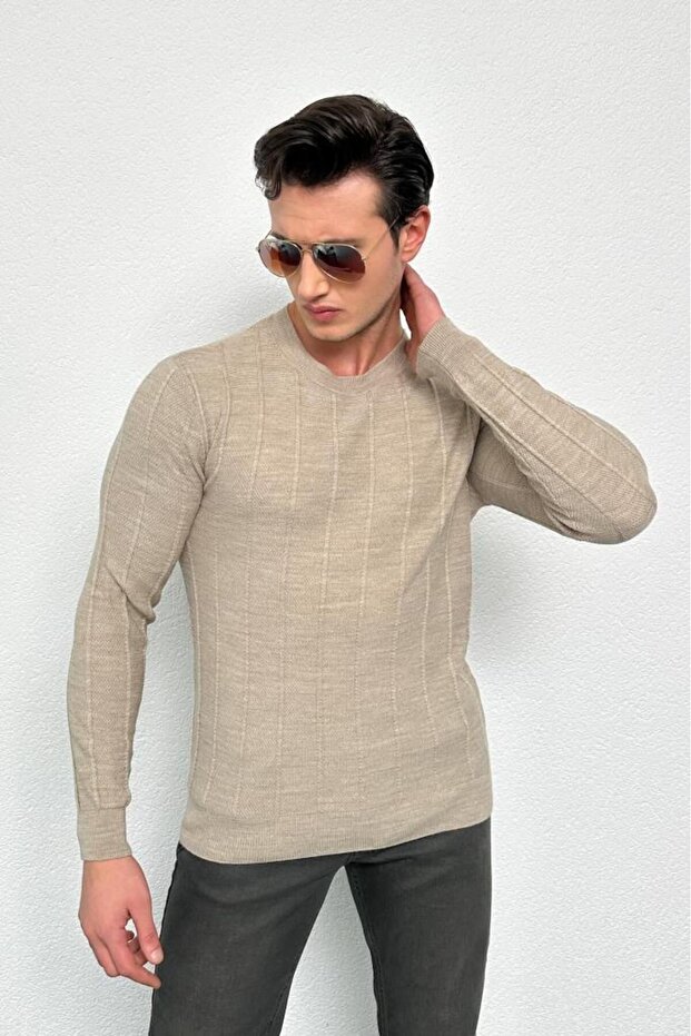 Men's Mink Standard Fit Normal Cut Crew Neck Patterned Knitwear Sweater HLTHE012121