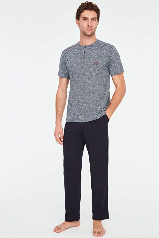 - Ανδρικό σετ πιτζάμες Navy Blue Patchwork - 1
