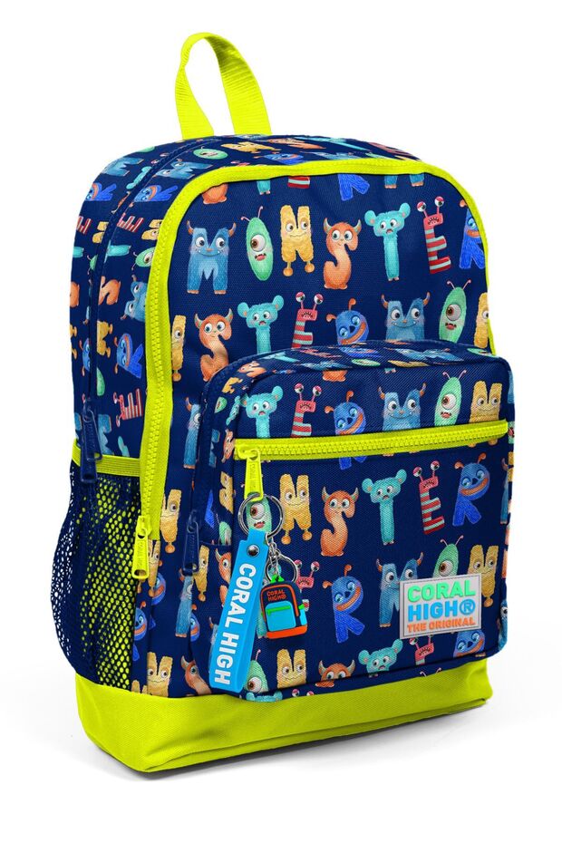 Kids Navy Blue Neon Yellow Monster Patterned Four Compartment School Backpack 23726