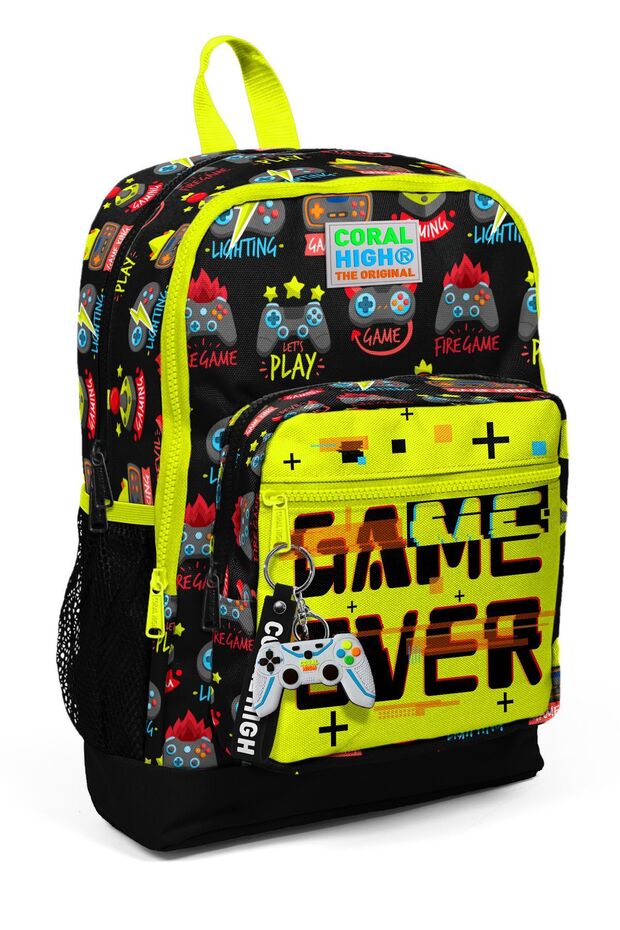 Kids Black Neon Yellow Game Over Patterned Four Compartment School Backpack 23728