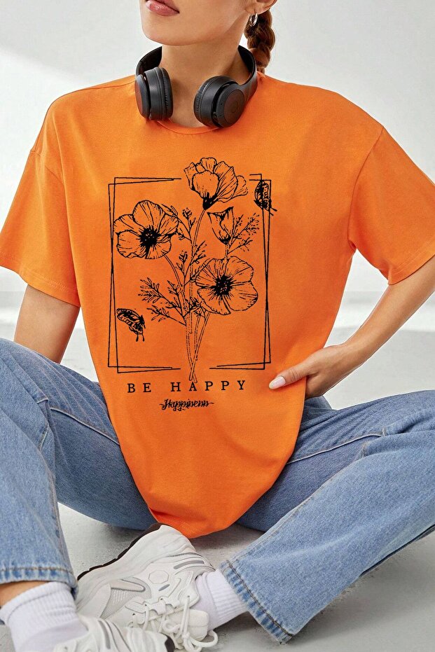 Unisex Be Happy Printed Oversize T-shirt