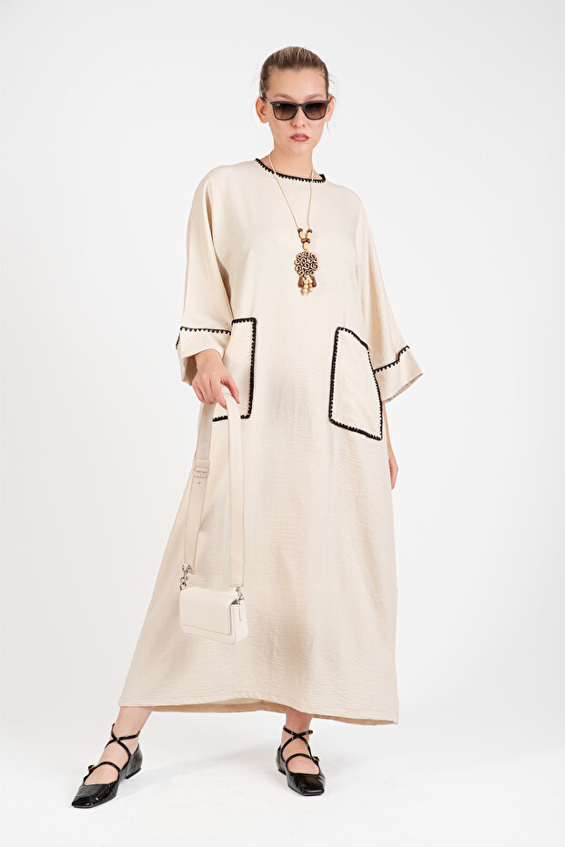 Hatunatila Crochet Collar Oversized Long Dress with Pocket Detail - 5072