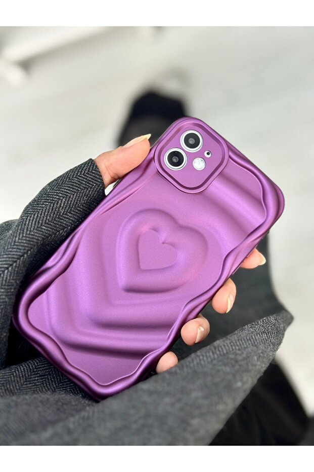 Apple iPhone 11 Compatible 3D Matte Embossed Heart Pattern Anti-Shock Camera Protection Silicone Case - 2