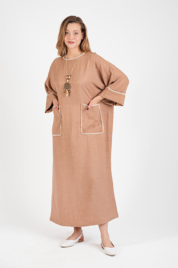 Hatunatila Crochet Collar Oversized Long Dress with Pocket Detail - 5072