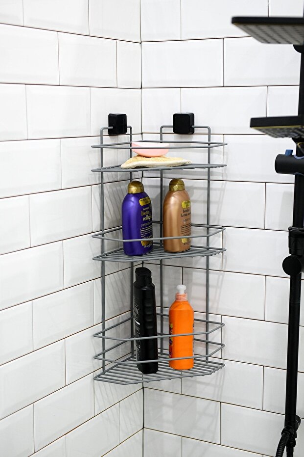 Lifetime Stainless Adhesive Bathroom Corner Rack, Shampoo Holder Three Tiers, No Drilling, No Drill Screws
