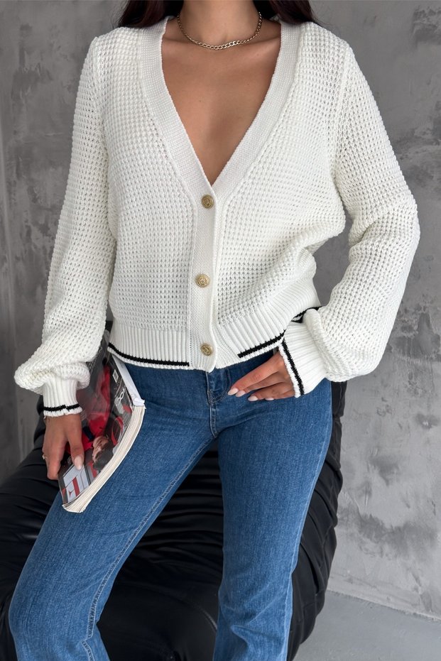 Women's White Standard Size Knitted Knitwear Cardigan with Stripe Detail at Hem and Ankles and Gold Buttons