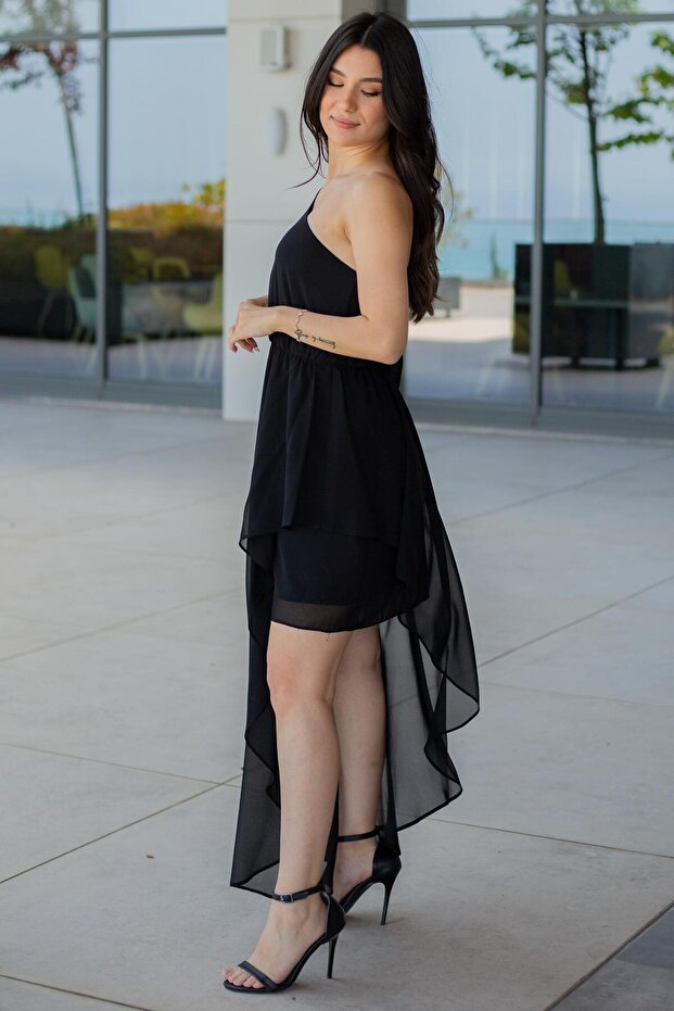 Siyah Tek Kol Kısa Abiye Elbise - 3