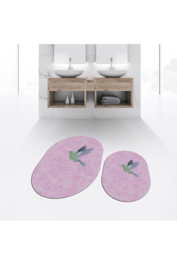 Digital Printed Non-Slip Base Washable Oval Double Bath Mat Toilet Seat Set, V-O-KLOZET-36-PINK,