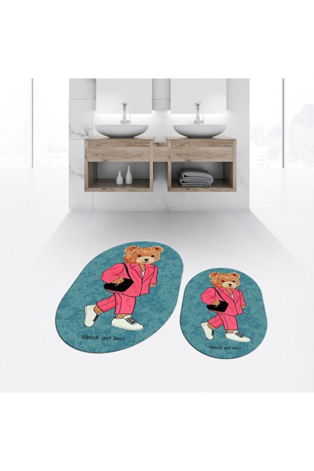 Digital Printed Non-Slip Base Washable Oval Double Bathroom Mat Toilet Seat Set, V-O-KLOZET-34-BLUE,