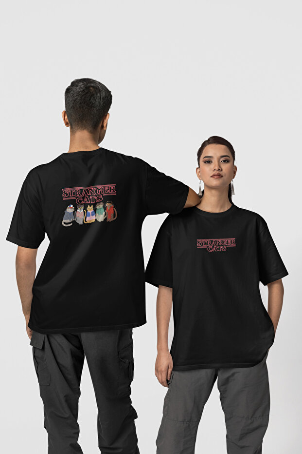 Stranger Cats Front-Back Printed 100% Cotton White Women/Men Unisex Comfortable Fit Oversize T-Shirt