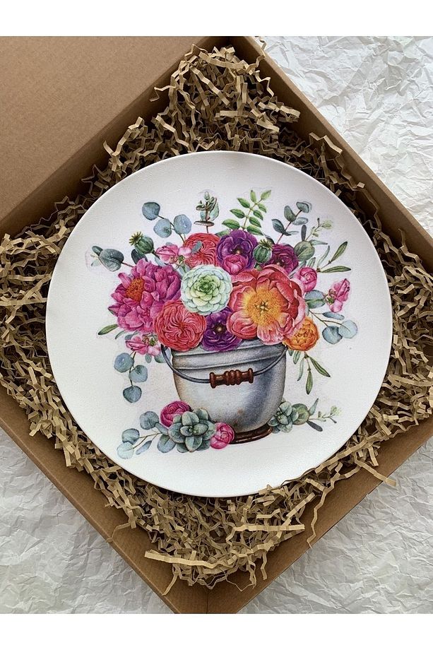 Pembe Çiçek Desenli Duvar Tabağı Dekoratif Bahçe Balkon Mutfak Salon Duvar Süsü No:84 - 7