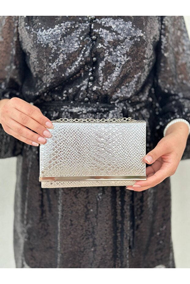 Croco Silver Evening Dress Clutch Portfolio Bag