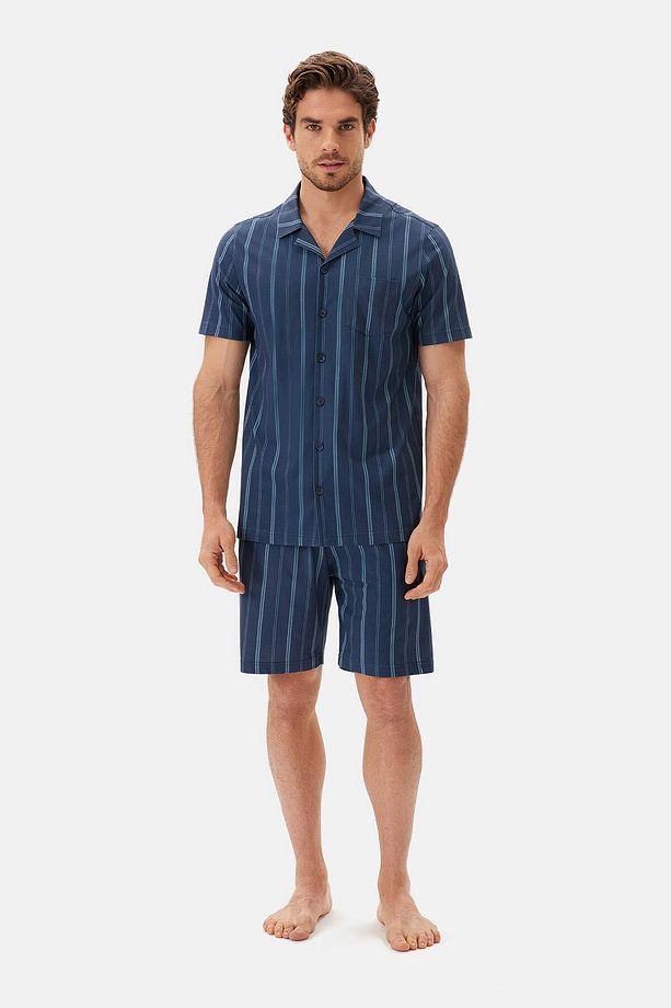 Lacivert Çizgili Gömlek Şort Pijama Takımı - 4
