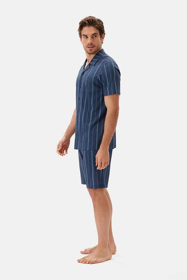 Lacivert Çizgili Gömlek Şort Pijama Takımı - 3