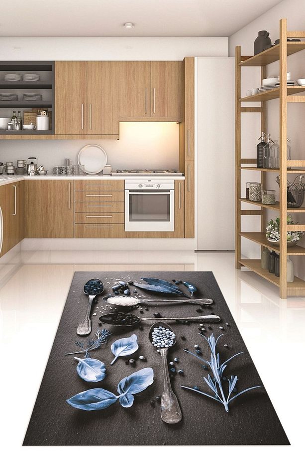 3D Dijital Baskılı Kaymaz Taban Yıkanabilir Renkli Modern Mutfak Halısı, N-MUTFAK-27-MAVİ, - 3
