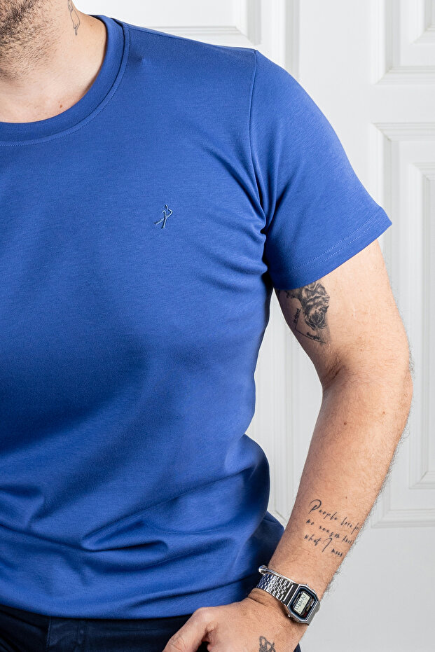 İnterview Sarar 0 Yaka %100 Pamuk Basic Mavi T-Shirt - 3