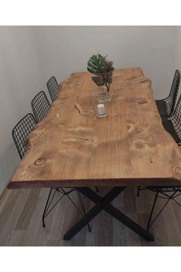 Ahşap Kütük Yemek Masası Mutfak Masası 100x80 Cm Sandalyeler Hariç - 1