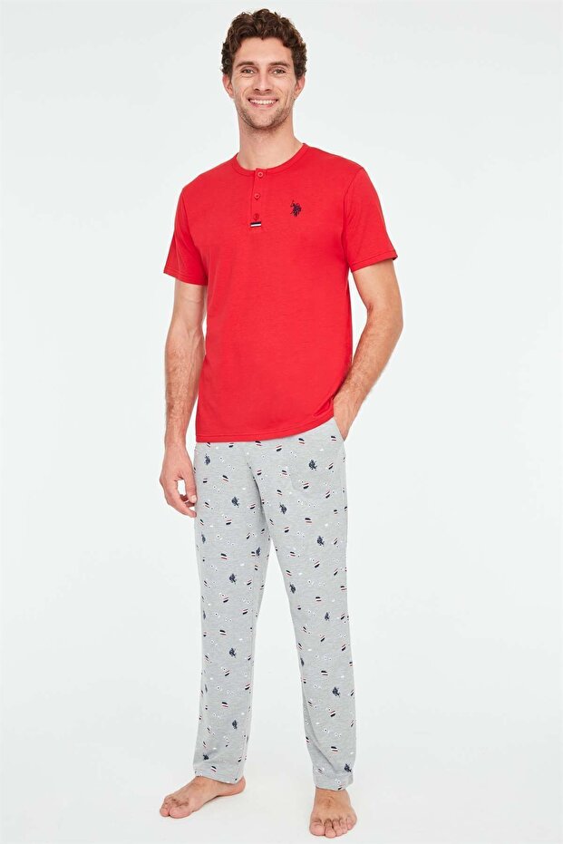 Men's Cotton Red Placket Pajama Set