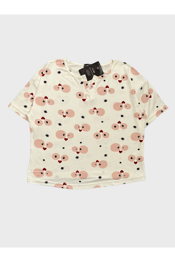 Kadın Krep Kumaş Krem Rengi Kalp Desenli Kısa Kollu Şortlu Yazlık Pijama Takımı - 8